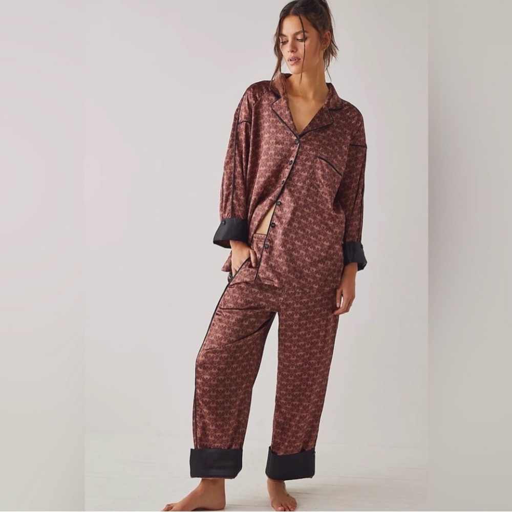 NWOT Free People HAHt Brown and Black Eco Pajama PJ Set Legacy Logo Satin